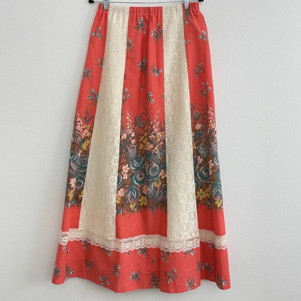 Vintage 70s Tumbleweeds Skirt Women M Floral Maxi Crochet Trim Cottagecore - Picture 2 of 6